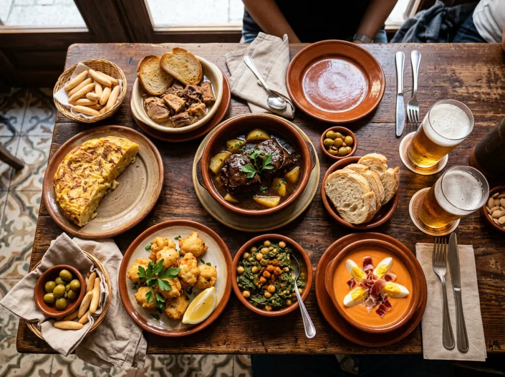 Mesa de madera con varias tapas: carrillada, tortilla, pavías y salmorejo