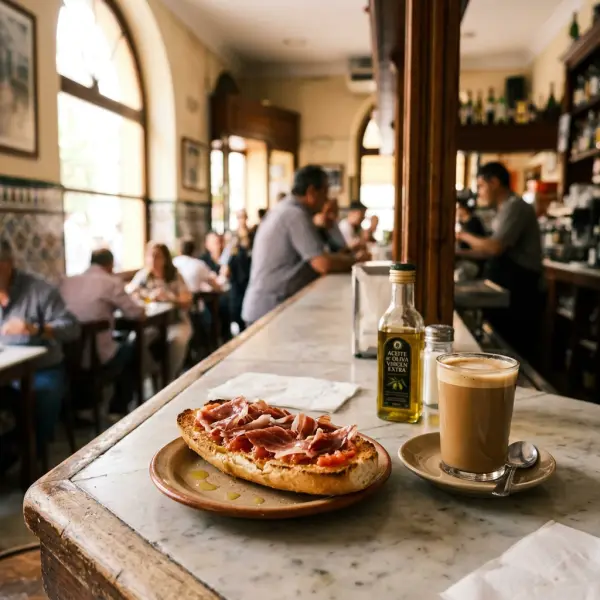 Mollete con jamón y café con leche