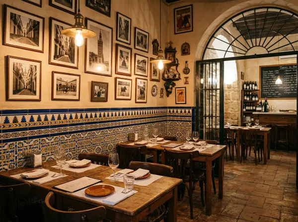 Salón del bar con azulejos y fotos antiguas de Sevilla