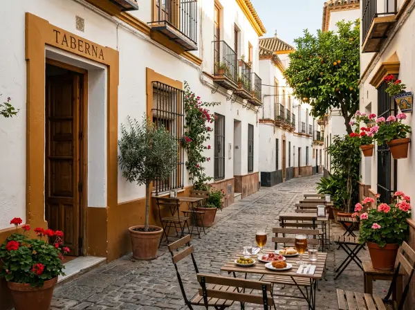 Terraza en una calle empedrada con naranjos